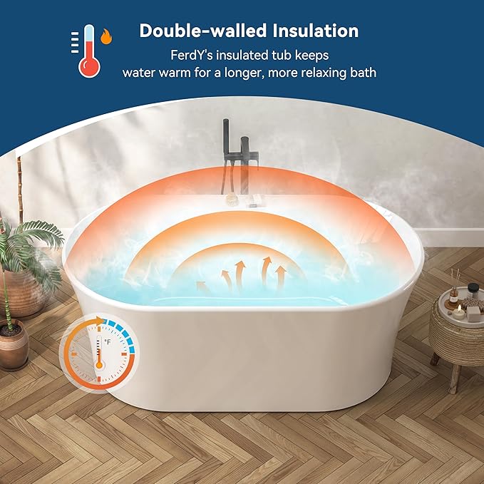 FerdY Santorini 58" Acrylic Freestanding Tub, Gracefully Shaped Contemporary Soaking Tub, Glossy White, cUPC Certified, White Toe-tap Drain and