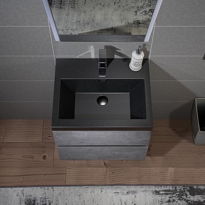 WOODBRIDGE 24 in. W x 19 in. D Wall Mounted Floating Bathroom Vanity in Gray with Quartz Sand Composite Vanity Top in Matte Black