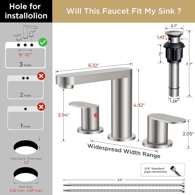 QFN Bathroom Faucet 3 Hole 8" Widespread Vanity Sink Faucet Brushed Nickel | 304 Stainless Steel Bathroom Sink Faucet with Pop-up Drain, 6-12 Inch 3 Hole Install, for RV Laundry Farmhouse Restroom Sink