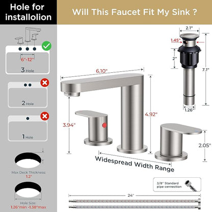 QFN Bathroom Faucet 3 Hole 8" Widespread Vanity Sink Faucet Brushed Nickel | 304 Stainless Steel Bathroom Sink Faucet with Pop-up Drain, 6-12 Inch 3 Hole Install, for RV Laundry Farmhouse Restroom Sink