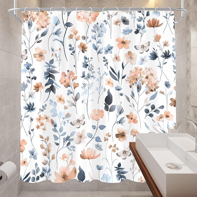Cute Floral Blue Pink Flower Watercolor Plants Bathroom Shower Curtain Set | 72"W x 72"H Wildflower Butterfly; waterproof HD print, quick-dry fabric and plastic hooks for easy setup.