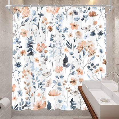Cute Floral Blue Pink Flower Watercolor Plants Bathroom Shower Curtain Set | 72"W x 72"H Wildflower Butterfly; waterproof HD print, quick-dry fabric and plastic hooks for easy setup.