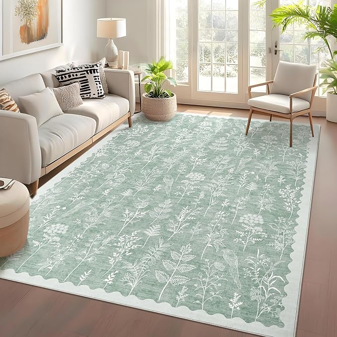 GarveeHome Washable 5x7 Rugs for Living Room Floral Scalloped Bedroom Area Rug, Non-Slip Dining Table Solid Neutral Throw Mat, Botanical Area Rug Carpet for Entry Basement Dorm Farmhouse, Green