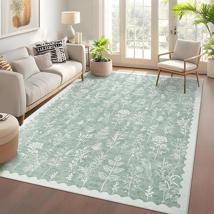 GarveeHome Washable 5x7 Rugs for Living Room Floral Scalloped Bedroom Area Rug, Non-Slip Dining Table Solid Neutral Throw Mat, Botanical Area Rug Carpet for Entry Basement Dorm Farmhouse, Green