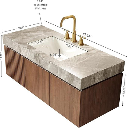 KEIKI 48 Inch Floating Bathroom Vanity with Sink, Modern Wall Mounted Storage Cabinet with Drawer, Pre-Assembled Waterproof Wood Panels, Sintered Stone Top & Ceramic Basin Combo Set, Brown Oak & Grey