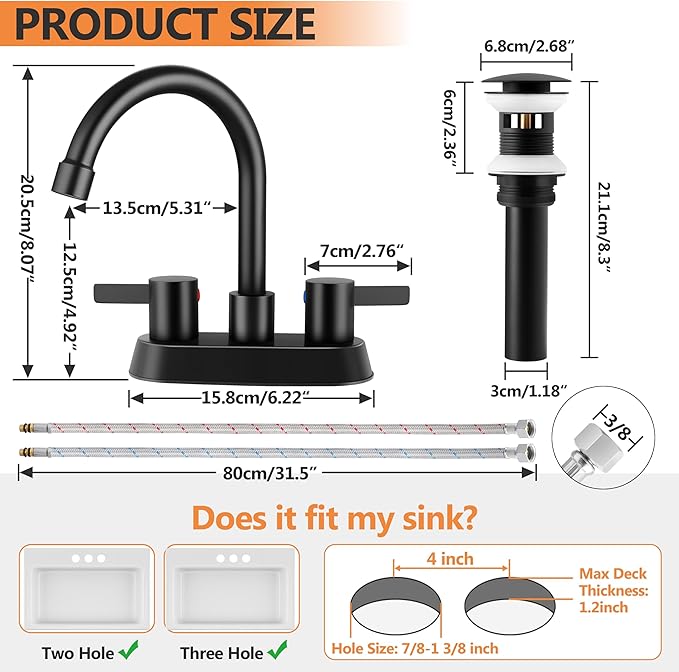 Herogo 2-Handle Centerset Bathroom Faucet Matte Black, Stainless Steel Vanity Sink Faucet 2-3 Hole with Drain Assembly, 360 Swivel Spout and Supply Hose for Farmhouse RV