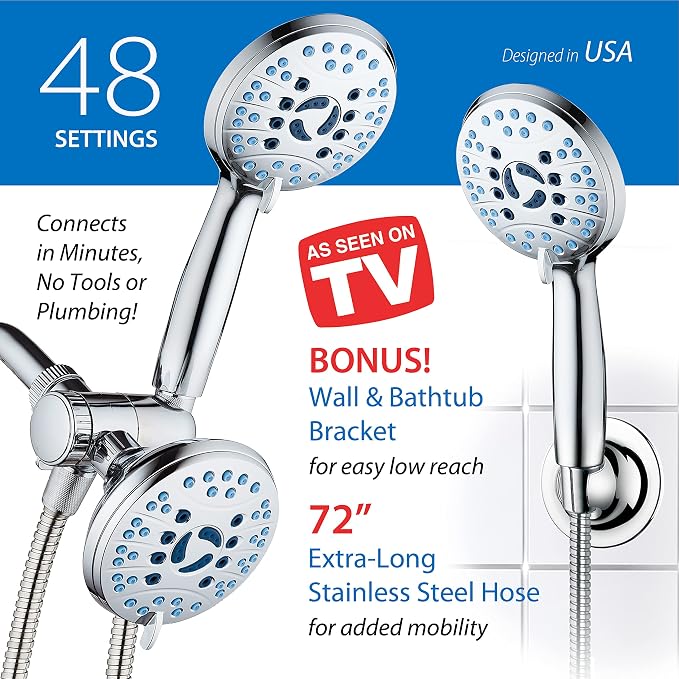 AquaCare 48-mode High Pressure 3-way Shower Head Combo w/ 2-mode Power Wash | Pure Clean Jets, Dual Handheld Power Wash for Tub, Tile & Pets, Long 6 ft. Stainless Steel Hose, Extra Wall Bracket / Chrome