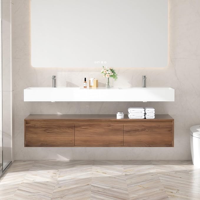 60 Inch Floating Bathroom Vanity with Double Sink, Modern Wall-Mounted Bathroom Cabinet with Resin Sink & Soft Close Drawers, Split-Level Layout (Walnut, 60" Double Sink)