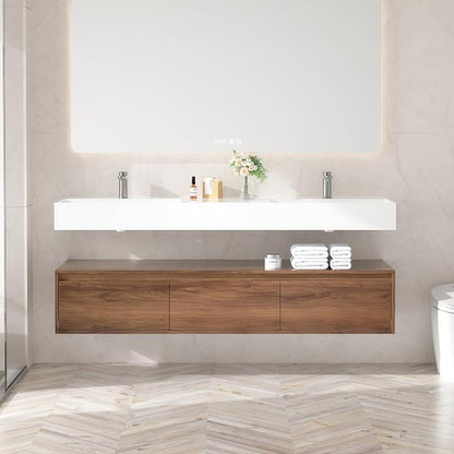 60 Inch Floating Bathroom Vanity with Double Sink, Modern Wall-Mounted Bathroom Cabinet with Resin Sink & Soft Close Drawers, Split-Level Layout (Walnut, 60" Double Sink)