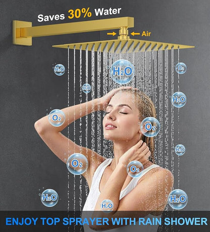 Woindo Shower Faucet Set, 10" Wall Mount Rainfall Shower System with 2 Rain Shower Head and Multi-function Handheld Head Push Button Diverter Shower Faucet Trim Kit