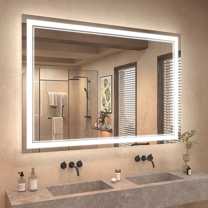 OKPAL 50x40 LED Bathroom Mirror with Lights, Anti-Fog Lighted Bathroom Mirror, Dimmable Lighted Mirrors for Bathroom Wall, LED Vanity Mirror, Shatterproof, ETL Listed, Horizontal/Vertical