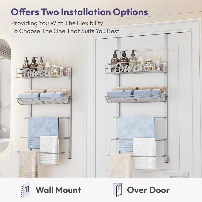 SWTYMIKI Over the Door Towel Racks for Bathroom - 5-Tier Wall Mounted Bathroom Towel Storage Organizer Holder with Metal Shelf, Sliver