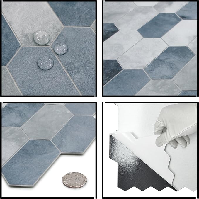 The Tiles Plaza 10-Sheet Peel and Stick Backsplash, 12" x 11.5" Blue Cement Long Hexagon Self-Adhesive Wall Tile, Stone Composite Stick On Decorative Mosaic Tile for Kitchen Bathroom Fireplace