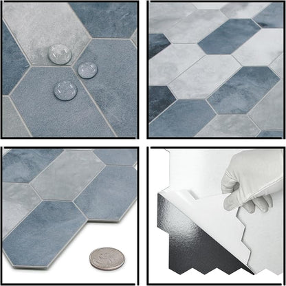 The Tiles Plaza 10-Sheet Peel and Stick Backsplash, 12" x 11.5" Blue Cement Long Hexagon Self-Adhesive Wall Tile, Stone Composite Stick On Decorative Mosaic Tile for Kitchen Bathroom Fireplace