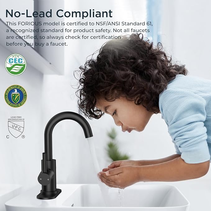 FORIOUS Matte Black Bathroom Faucet 1 Hole Single Handle Sink Faucet | with 6-inch Deck Plate for 1 or 3 hole(4-inch centerset)Sink Setup, Supply Lines and Drain, Swivel for Bar Kitchen RV Vanity
