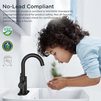 FORIOUS Matte Black Bathroom Faucet 1 Hole Single Handle Sink Faucet | with 6-inch Deck Plate for 1 or 3 hole(4-inch centerset)Sink Setup, Supply Lines and Drain, Swivel for Bar Kitchen RV Vanity