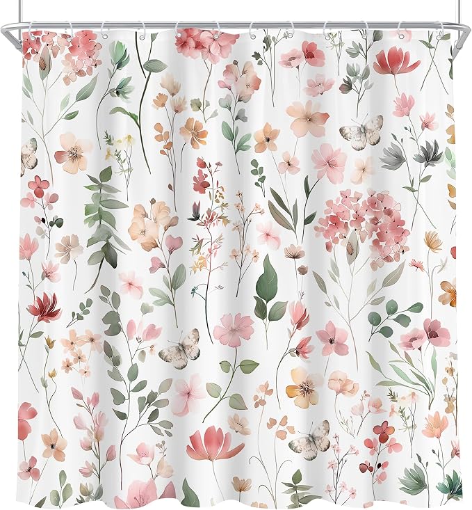 Pink Blush Coral Flower Floral Women Girls Leaf Bathroom Shower Curtain Set | 72"W x 72"H Wildflower Leaves; waterproof HD print, quick-dry fabric and plastic hooks for easy setup.