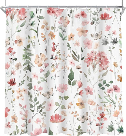 Pink Blush Coral Flower Floral Women Girls Leaf Bathroom Shower Curtain Set | 72"W x 72"H Wildflower Leaves; waterproof HD print, quick-dry fabric and plastic hooks for easy setup.