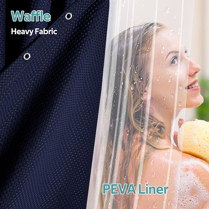 3 in 1 Shower Curtain Set, Waffle Shower Curtain and Liner Set with 12 Double Sided Shower Curtain Hooks, 258GSM Luxury Weighted Cloth Shower Curtains for Bathroom, 72 W x 72 H, Navy Blue