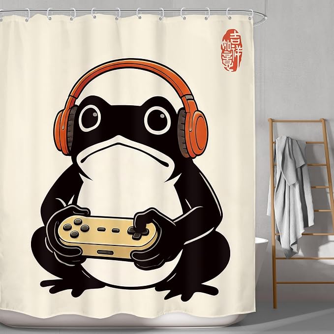 Funny Frog Japanese Gamer Anime Vintage Gaming Bathroom Shower Curtain Set | 60Wx71H Cool Retro waterproof HD print, quick-dry fabric, and 12 hooks for easy setup