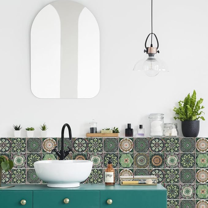 Easy Peel Stick Vinyl wall Tile Decals 6x6in Stick on backsplash,12Pc | Waterproof&heat resistant tile stickers for kitchen RV laundry backsplash decor,remove no damaging,green mandala pattern