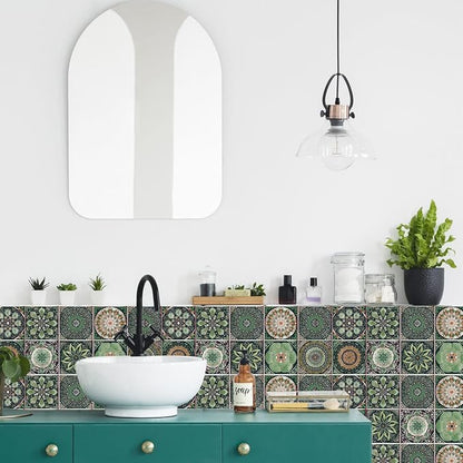 Easy Peel Stick Vinyl wall Tile Decals 6x6in Stick on backsplash,12Pc | Waterproof&heat resistant tile stickers for kitchen RV laundry backsplash decor,remove no damaging,green mandala pattern