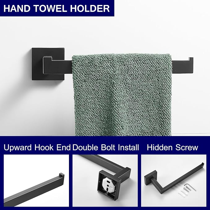 Bathroom Hardware Set Matte Black 23.6-Inch Towel Bar,2pcs Towel Hook,Toilet Paper Holder,Hand Towel Holder Stainless Steel Bathroom Accessories GTS3190B…