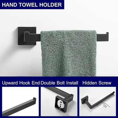 Bathroom Hardware Set Matte Black 23.6-Inch Towel Bar,2pcs Towel Hook,Toilet Paper Holder,Hand Towel Holder Stainless Steel Bathroom Accessories GTS3190B…