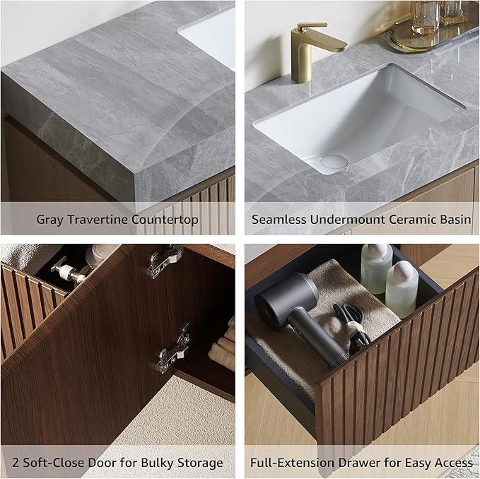 48” Floating Bathroom Vanity with Sink, Wall-Mounted Cabinet with Drawer & Doors, Gray Travertine-Pattern Sintered Stone Top, Undermount Basin, Single Faucet Hole, Soft-Close, Pre-Assembled, Brown Oak