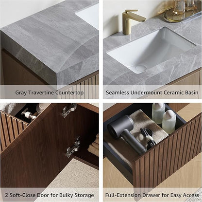48” Floating Bathroom Vanity with Sink, Wall-Mounted Cabinet with Drawer & Doors, Gray Travertine-Pattern Sintered Stone Top, Undermount Basin, Single Faucet Hole, Soft-Close, Pre-Assembled, Brown Oak