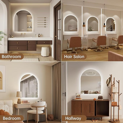 Arched Backlit Mirror Bathroom 30"x36"- Frameless LED Bathroom Mirror with Lights, Fogless, Dimmable, 3 Color Changing, Shatterproof, Touch Sensor