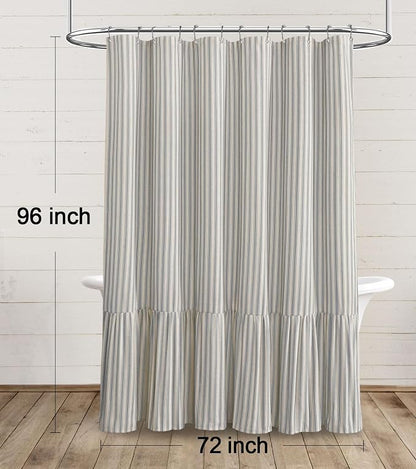 Farmhouse Shower Curtain Ruffle Linen Cream-Grey Stripe 72"W x 96"L | Farmhouse Boho, Striped, Bottom Ruffle, Linen Fabric, Rustic, Country, Natural Look, Washable, for Bathroom Bathtub