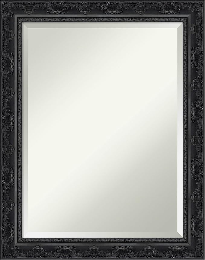 Amanti Art Black Bathroom Mirror for Over Sink, 28x22 Filigree Gloss Black Rectangle Vanity Mirror, Medium Traditional Frame, Hangs Horizonally and Vertically, Bathroom Wall Decor, Beveled Edge