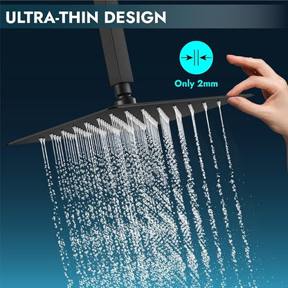Midanya Square Rain Shower Head,High Pressure,Matte Black 12 Inch | 360°Swivel,Ceiling or Wall Mount,Waterfall Full Body Coverage,Bathroom Remodel,Stainless Steel Large Rainfall Shower Head