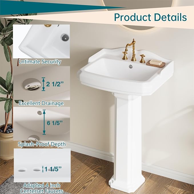 GarveeHome Porcelain Pedestal Sink Combo for Bathroom, White 26" Sink with Backsplash, 23" x 19" Basin Size, 35" Height with 3 Faucet Holes and Overflow