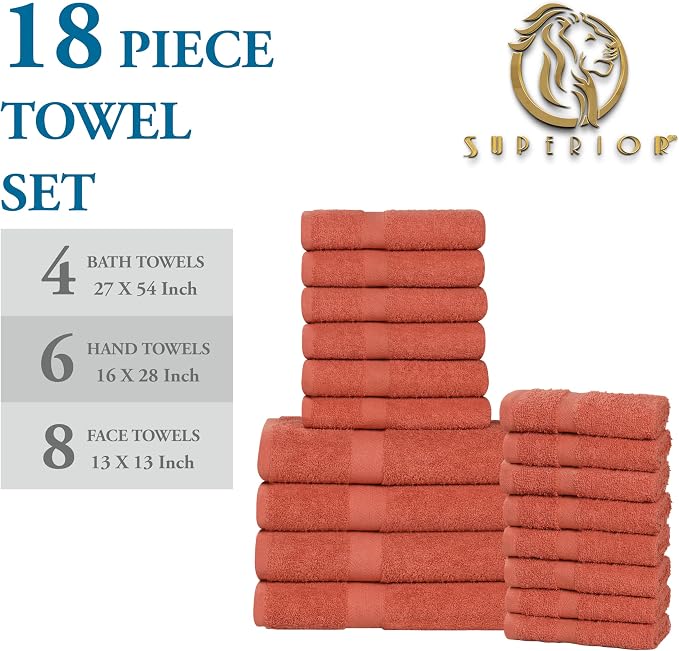 SUPERIOR 18-Piece Cotton Assorted Towel Set, Includes 8 Face Towel, 6 Hand, and 4 Bath Towels, Home, Bathroom, Guest Bath Essentials, Quick Dry, Absorbent, Franklin Collection - Coral