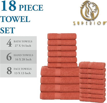SUPERIOR 18-Piece Cotton Assorted Towel Set, Includes 8 Face Towel, 6 Hand, and 4 Bath Towels, Home, Bathroom, Guest Bath Essentials, Quick Dry, Absorbent, Franklin Collection - Coral