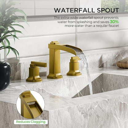 FORIOUS Brass Waterfall Brushed Gold Bathroom Faucets 3 Hole, Modern Widespread 8 Inch Bathroom Sink Faucet with Metal Pop-up Drain and Pre-Assembled Hose for Vanity, Restroom,Bathtub