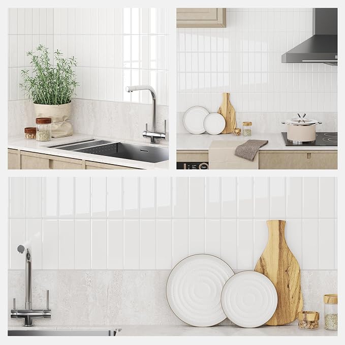 Peel and Stick Backsplash for Kitchen: Self Adhesive Wall Tiles for Bathroom - Vinyl Thick Back Splash Tile (10, Vinyl White)