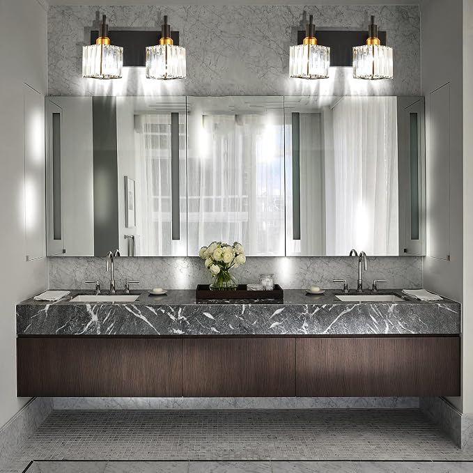 Modern Crystal Bathroom Vanity Light 2-Lights Black and Gold Bathroom Light Fixtures Over Mirror Bath Wall Sconce Lighting with Adjustment Angle