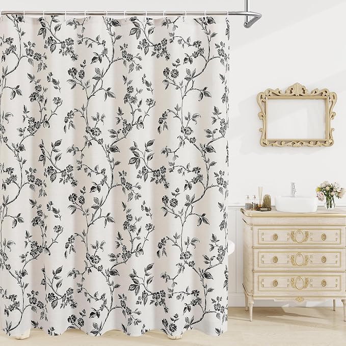 MitoVilla Black Cotton Floral Shower Curtain for Bathroom, 72 x 72 | Black BoHo Cottagecore Spring Shower Curtains, Modern Farmhouse Country Plant Leaves Bathroom Décor, 72 x 72