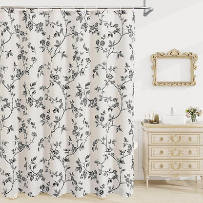 MitoVilla Black Cotton Floral Shower Curtain for Bathroom, 72 x 72 | Black BoHo Cottagecore Spring Shower Curtains, Modern Farmhouse Country Plant Leaves Bathroom Décor, 72 x 72