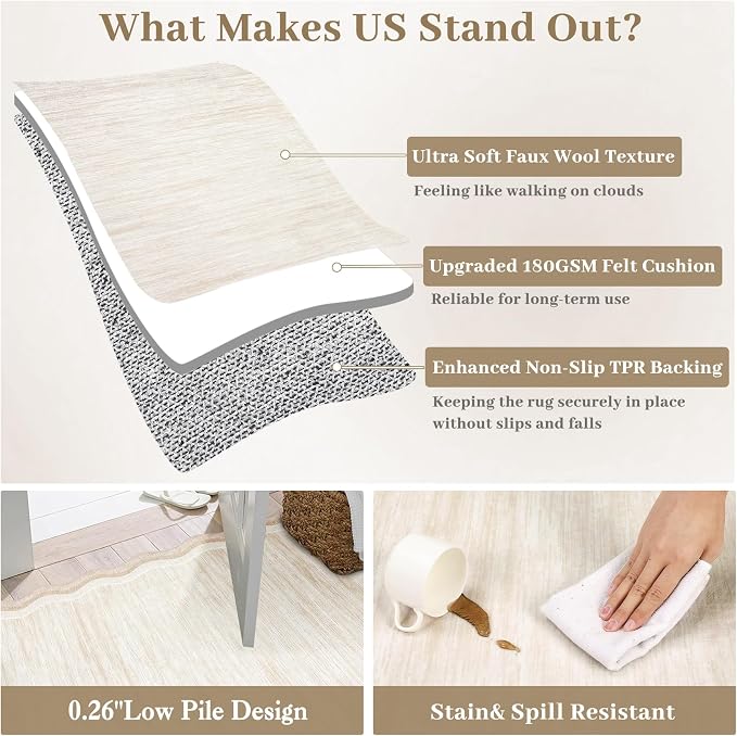 Garvee Scalloped Area Rug 9x12 Large Washable Rug for Living Room Cream | Girls Rug for Bedroom, Non-Slip Soft Carpet for Bedroom, Scalloped Low-Pile Print Accent Rug for Dining Room Home Office