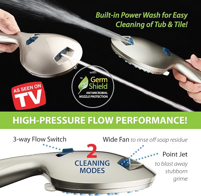 AquaCare 50-mode High Pressure 7 inch Shower Head Combo w/Dual Power Wash | Hygienic Jets, 2-mode Handheld Power Wash for Tub, Tile & Pets, Long 6 ft. Stainless Steel Hose, Extra Wall Bracket / Nickel