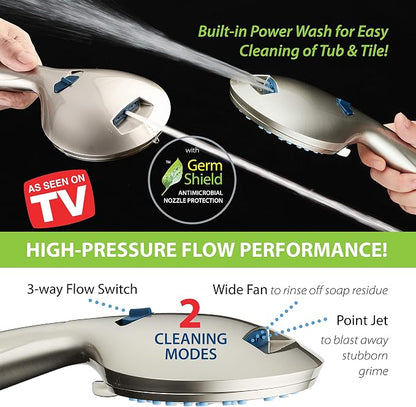AquaCare 50-mode High Pressure 7 inch Shower Head Combo w/Dual Power Wash | Hygienic Jets, 2-mode Handheld Power Wash for Tub, Tile & Pets, Long 6 ft. Stainless Steel Hose, Extra Wall Bracket / Nickel