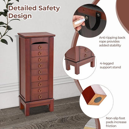 GOFLAME Standing Jewelry Cabinet Armoire, Jewelry Storage Organizer with Flip Top Mirror, 9 Drawers, 2 Side Doors, Space Saving Jewelry Chest Armoire for Necklaces, Earrings, Bracelets, Brown