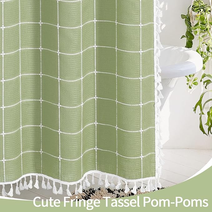Sage Green Boho Farmhouse Shower Curtain for Bathroom 72x72 | 320 GSM French Country Plaid Tassel Shower Curtain, Rustic Aesthetic Bathroom Decor Windows Curtain