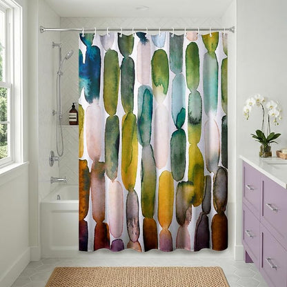 Americanflat 71x74 Oval Pattern Shower Curtain - Water-Resistant Long Shower Curtain with Metal Grommets and 12 Hooks - 100% Polyester - Olive Green, Teal, Yellow, Blush Pink, Plum and Burnt Orange