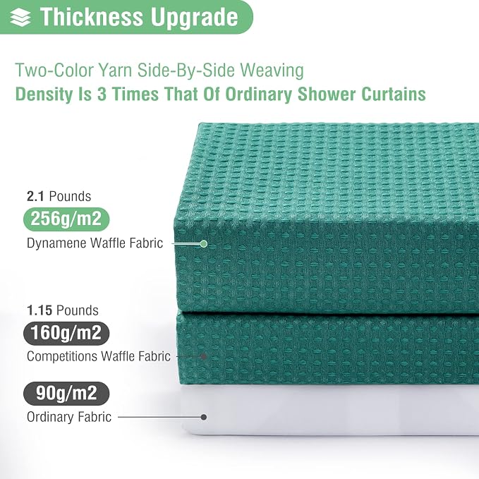 Extra Long Waffle Shower Curtain 256GSM Fabric 72x96 Seaweed Green | 96 Inch Tall, Thick Cloth, Weighted Hem, Water Repellent, Hotel Luxury Polyester Shower Curtain Set for Bathroom 12 Hooks