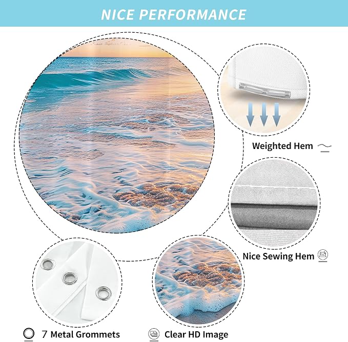 Ocean Beach Coastal Nautical Summer Sunset Small Stall RV Half Size Shower Curtain for Bathroom 39W*72H Inch Seaside Seacoast Beachy Waves Bathtub Decor Seascape Neutral Waterproof Polyester Fabric
